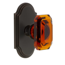 Grandeur Baguette Amber Crystal Door Knob Set with Arc Short Plate Timeless Bronze