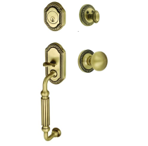 Grandeur Newport Handleset shown with the Fifth Ave. Knob in Vintage Brass (VB)