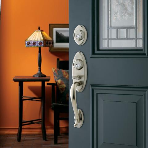 Baldwin 85345 Landon Handleset shown w/Wave Lever in Lifetime Satin Nickel