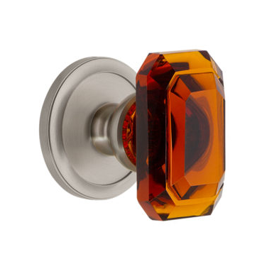 Grandeur Baguette Amber Crystal Door Knob Set with Ciculaire Rose Satin Nickel