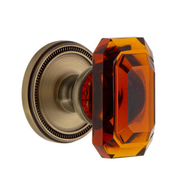 Grandeur Baguette Amber Crystal Door Knob Set with Soleil Rose vintage Brass