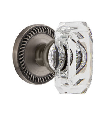 Grandeur Baguette Clear Crystal Door Knob Set with Newport Rose Antique Pewter