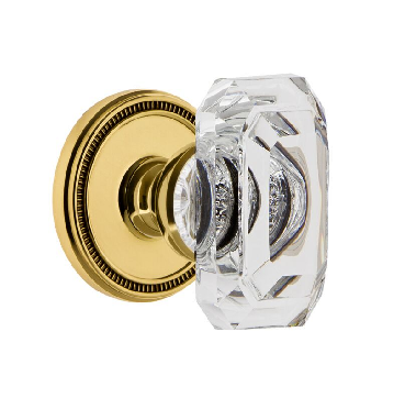 Grandeur Baguette Clear Crystal Door Knob Set with Soleil Rose Lifetime Brass