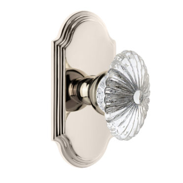 Grandeur Burgundy Crystal Door Knob Set with Arc Short Plate Polished Nickel