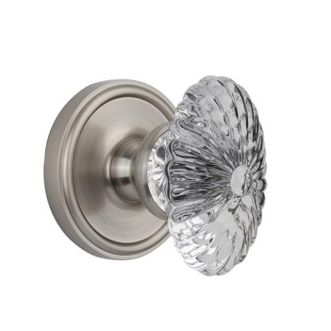 Grandeur Burgundy Crystal Door Knob Set with Georgetown Rose Satin Nickel