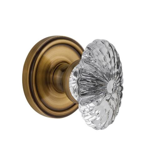 Grandeur Burgundy Crystal Door Knob Set with Georgetown Rose Vintage Brass 