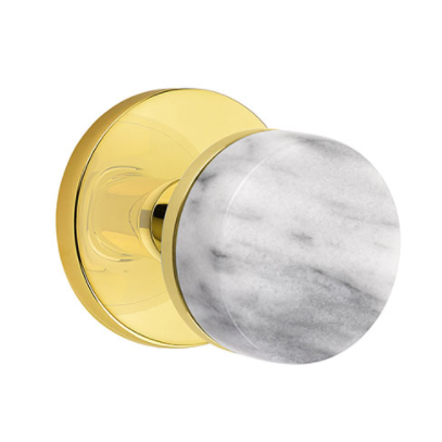 Emtek Select White Marble Door Knob Set with Conical Stem Disk Rose in Unlaquered Brass