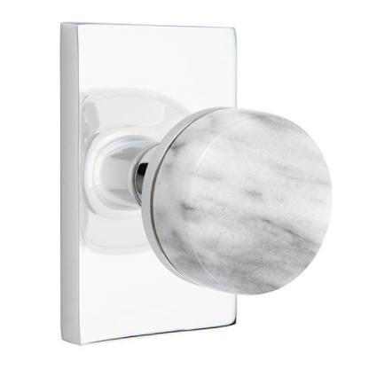Emtek Select White Marble Door Knob Set with Conical Stem Modern Rectangular Rose Polished Chrome