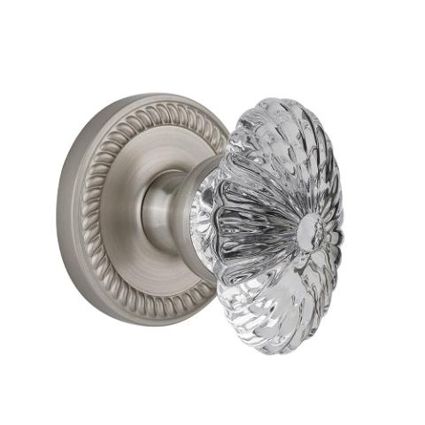 Grandeur Burgundy Crystal Door Knob Set with Newport Rose Satin Nickel 