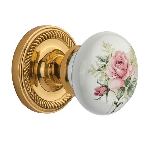 Nostalgic Warehouse Rose Porcelain Knob with Rope Rose Polished Brass