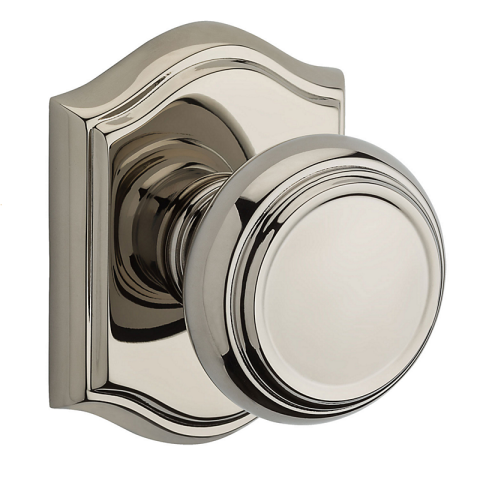Baldwin Reserve Traditional Knob shown with Arch Rose in Lifetime Polished Nickel (055)