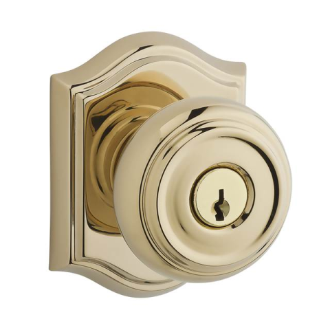 Baldwin Reserve Keyed Traditional Knob with Arch Rose in Polished Brass (003)