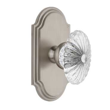 Grandeur Burgundy Crystal Door Knob Set with Arc Short Plate Satin Nickel