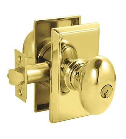 Emtek Egg Keyed Entry Knob with Rectangular Rose in Lifetime Polished Brass 