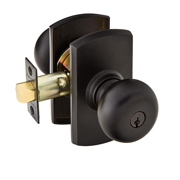 Emtek Winchester Keyed Entry Door Knob with #4 Rose Flat Black Patina (FB)