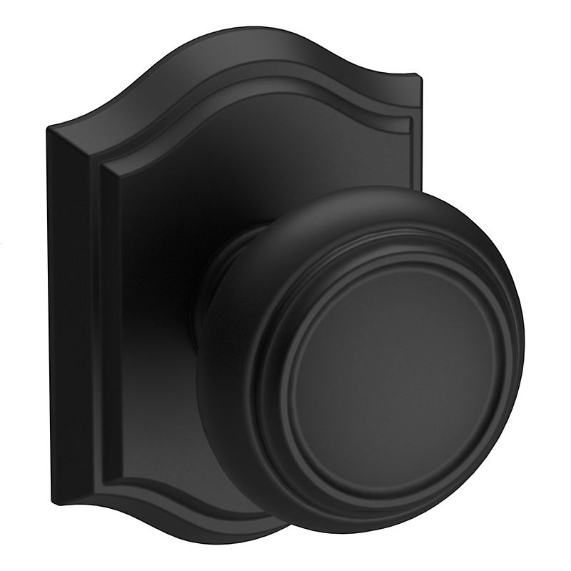 Baldwin Reserve Traditional Knob shown with Arch Rose in Satin Black (190)